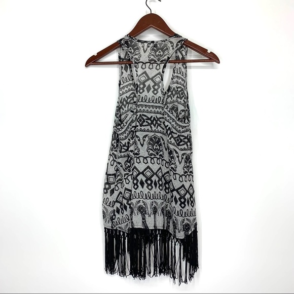 Charming Charlie Black Tribal Boho Racer Back Tassel Hem Tank Top Size XS - Picture 2 of 12